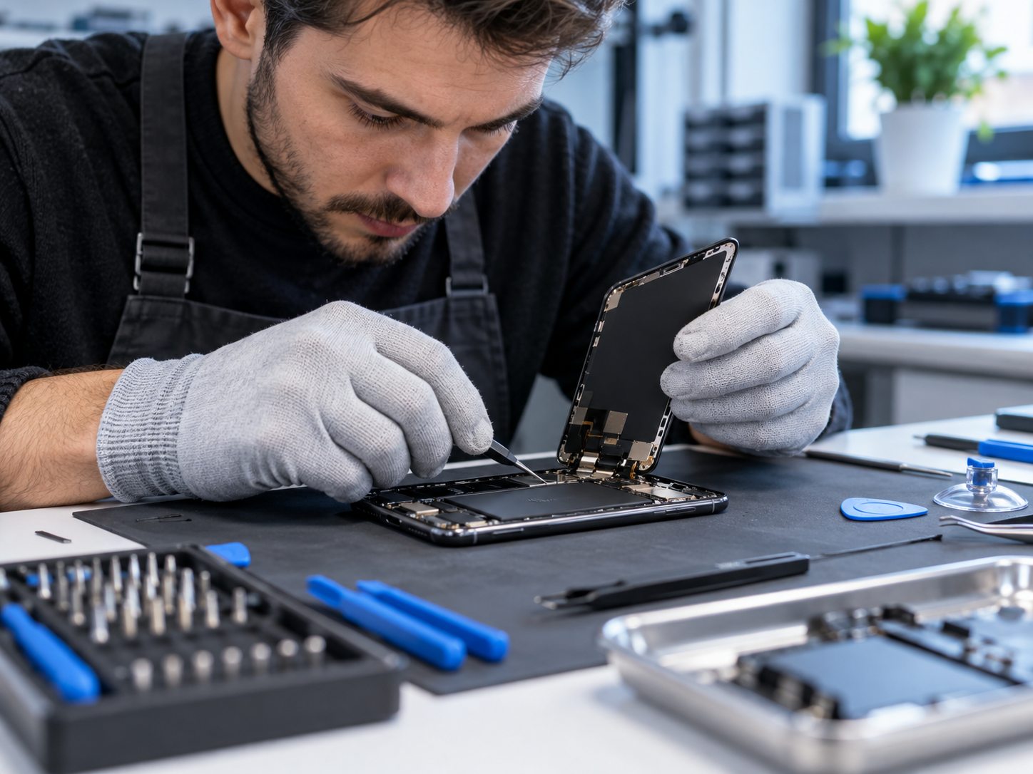 Technician examining a mobile phone for repair